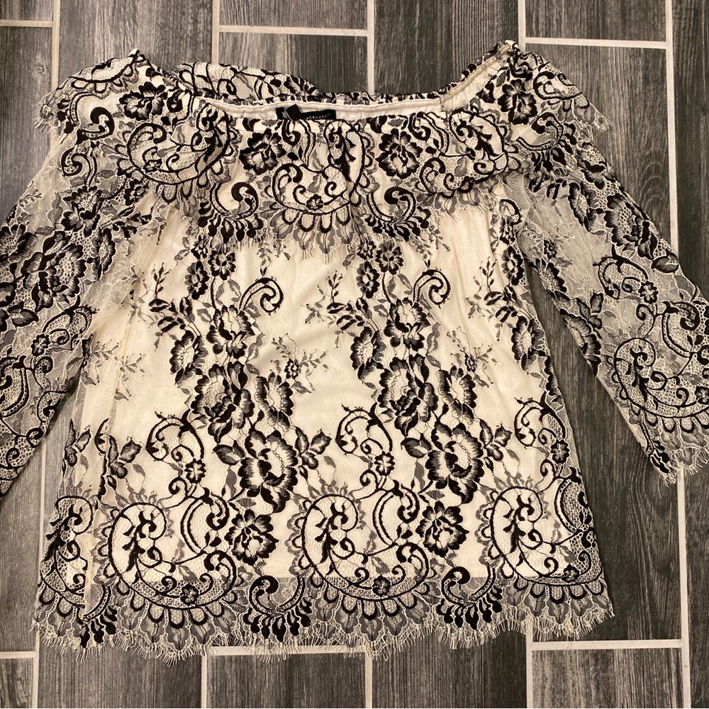 Sheer Black Cream Floral Lace Top Eyelash Detail-Witchy-Goth-Vampire Y2K XS WHBM